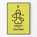 Minimalistisk gul poster med symbolisk teckning Amnesty för Halliker