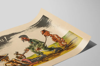 Satirisk vintageposter: militär karikatyr och dominationsscen — vy av konstverket