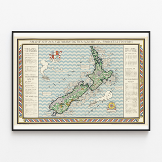 Gammalt karta över Nya Zeeland – MacDonald Gill, 1931, i tunn ram på ljus vägg.