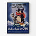 Vintage väggdekorposter "Don't Shiver Next Winter" med pingvin och kol