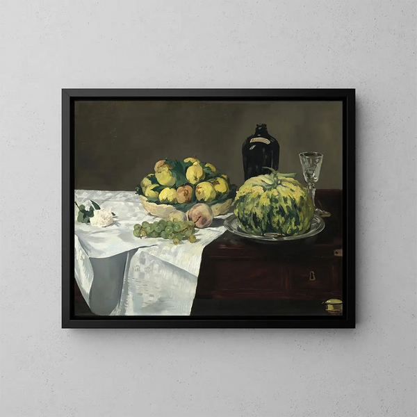 naturtavla med en melon och persikor - Édouard Manet — inramlat konstverk på väggen