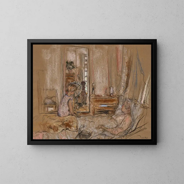 Lulu vid sängen hos Madame Hessel på Clayes slott - Édouard Vuillard — inramlat konstverk på väggen