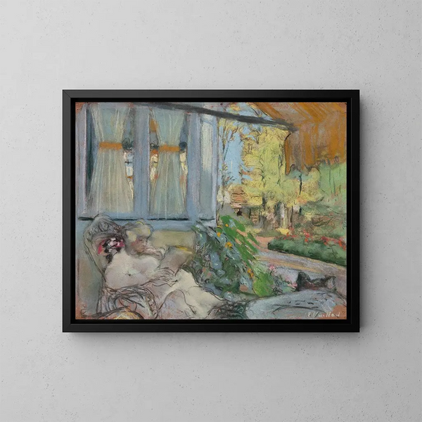 Madame Hessel läsande på terrassen vid Clos Cézanne - Édouard Vuillard — inramlat konstverk på väggen