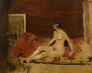 Nu på ett omslag med röd blommönster - Édouard Vuillard — vy av konstverket