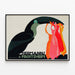 Vintageposter Hermanns & Froitzheim med toucan och livfulla färger — inramlat konstverk på väggen