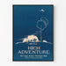 Vintage dekorativ poster High Adventure i blått och vitt