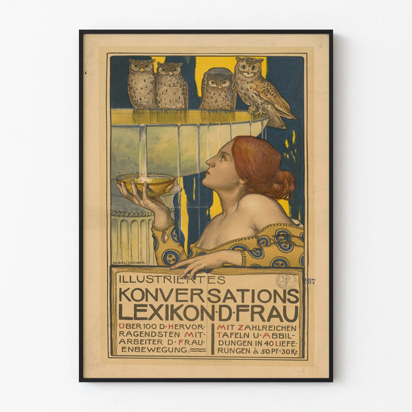 Klassisk vintageposter med kvinna och ugglor för väggdekoration