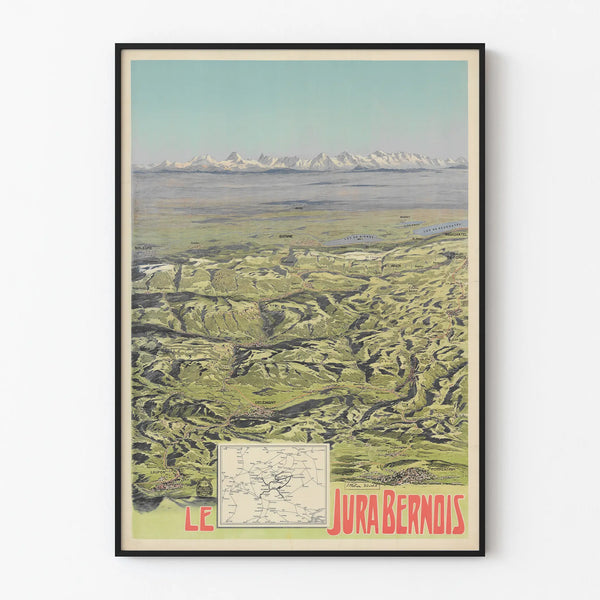 Vintageposter från Jura Bernois-regionen - Dekorativ panoramisk karta