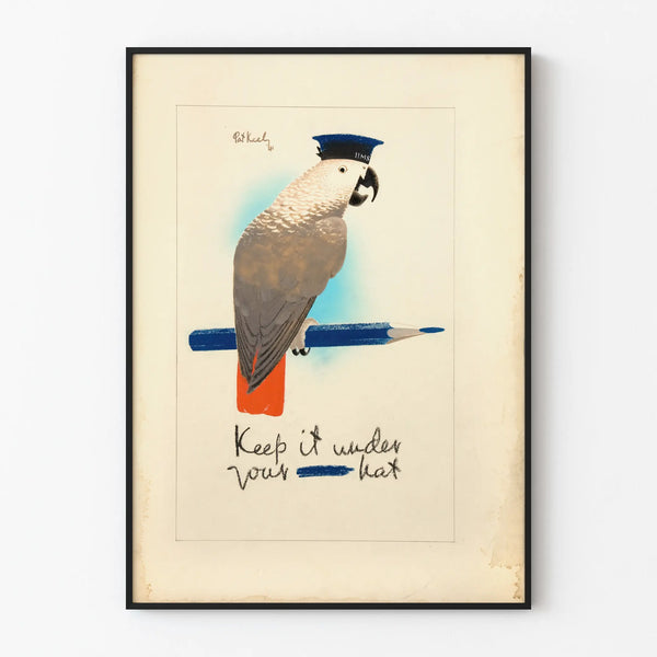 Vintageposter med papegojmönster och marin keps Keep It Under Your Hat
