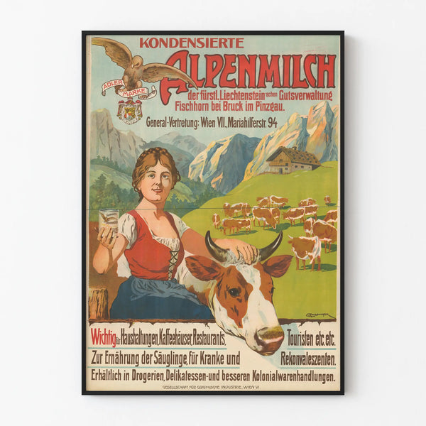 Vintageposter med mjölkig kondensat från Alperna, bergslandskapdekoration