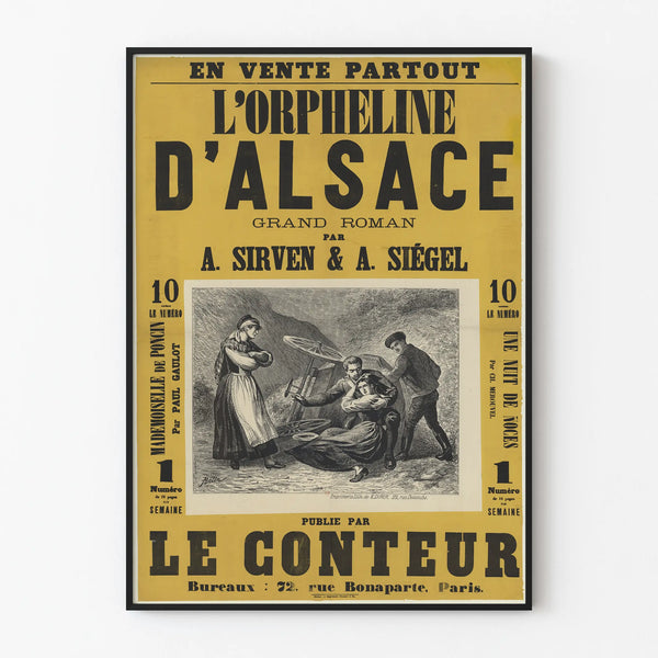 Gammal poster L'Orpheline d'Alsace Roman illustrerad av A. Sirven & A. Siégel