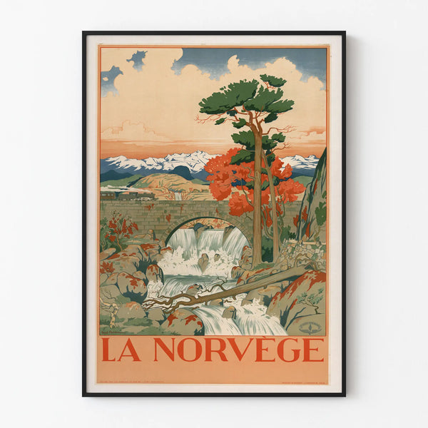Vintage väggdekorposter av Norge, vattenfall och tåg