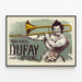 Vintageposter med Marguerite Dufay och dekorativt trombon — inramlat konstverk på väggen