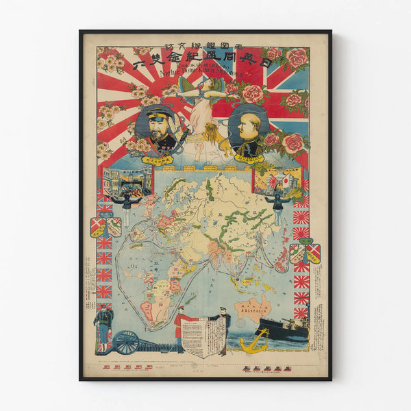 Antik allegorisk världskarta poster Japan-UK allians till sjöss