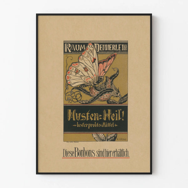 Vintageaffisch Raume och Dennerlein – Annonsaffisch för godis mot hosta