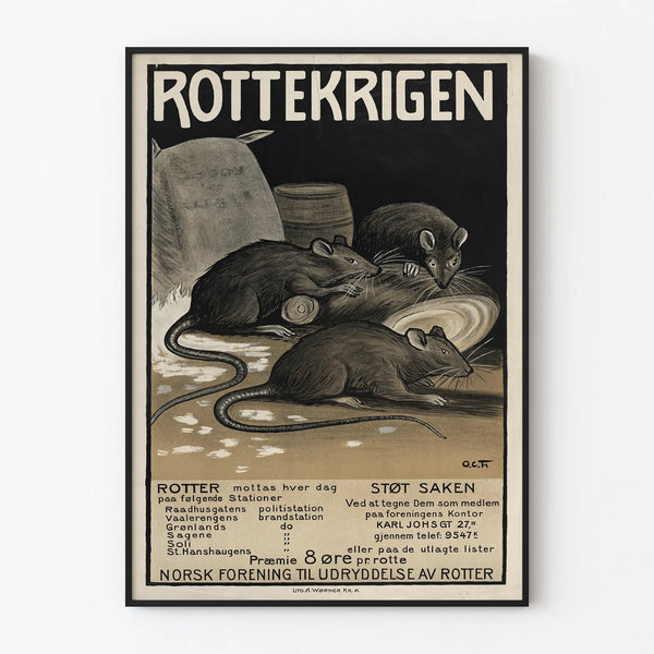 Vintage norsk affisch Rottekrigen - Original väggdekoration med råttor