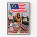 Malaysisk propagandaposter med hälsande figur och konfliktscen