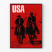 Dekorativ poster med amerikanska cowboys i svart silhuett på röd bakgrund