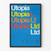 Utopia Ltd - Typografisk design i färg på blå bakgrund