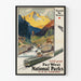 Vintageposter av Far West Nationalpark i USA-Canada med tåg